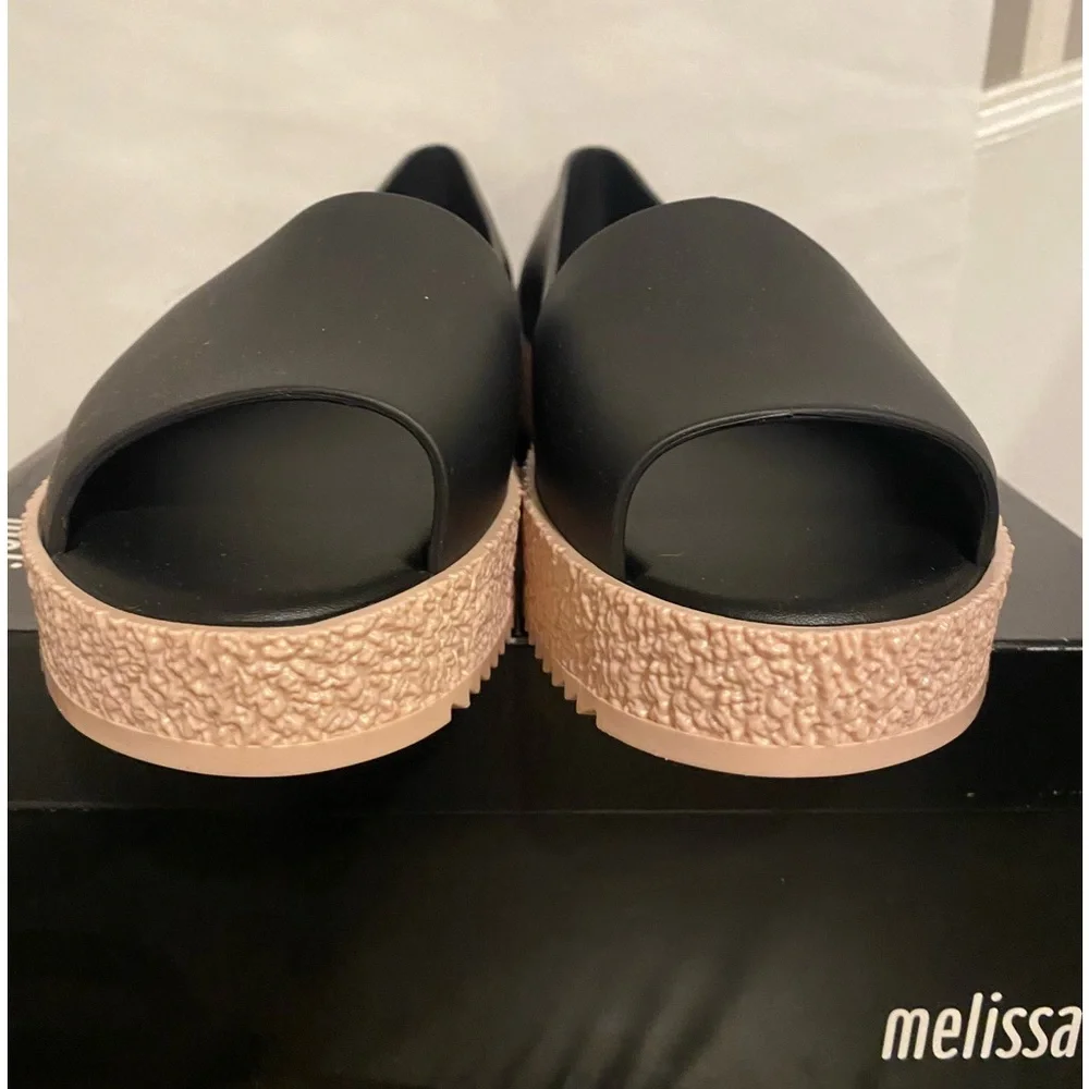 Melissa Puzzle Ad Flats Rubber Platform Open Toe Slip On In Black Size 6